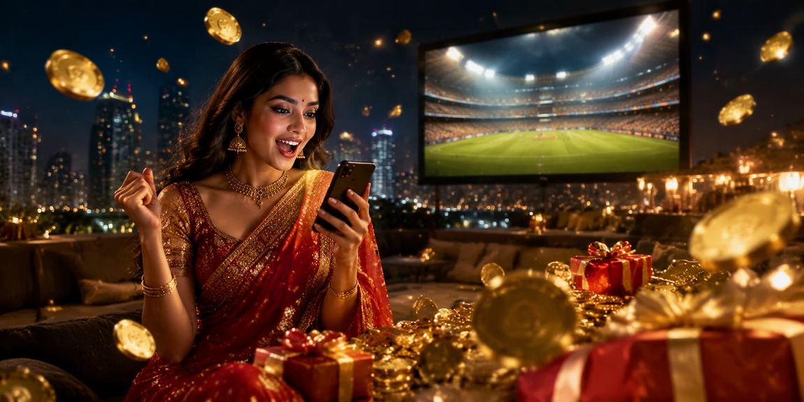 Indian woman enjoying cricket betting in traditional saree