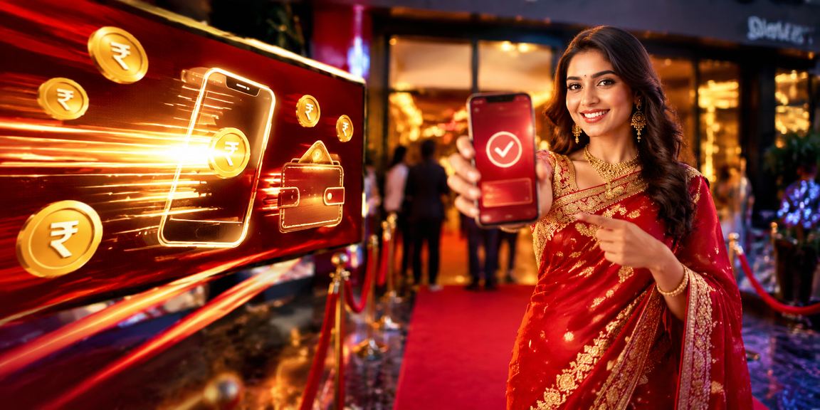 Indian woman making online deposit via mobile in traditional saree