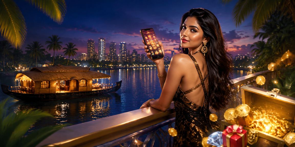 Indian player enjoying mobile casino gaming by Kerala backwaters