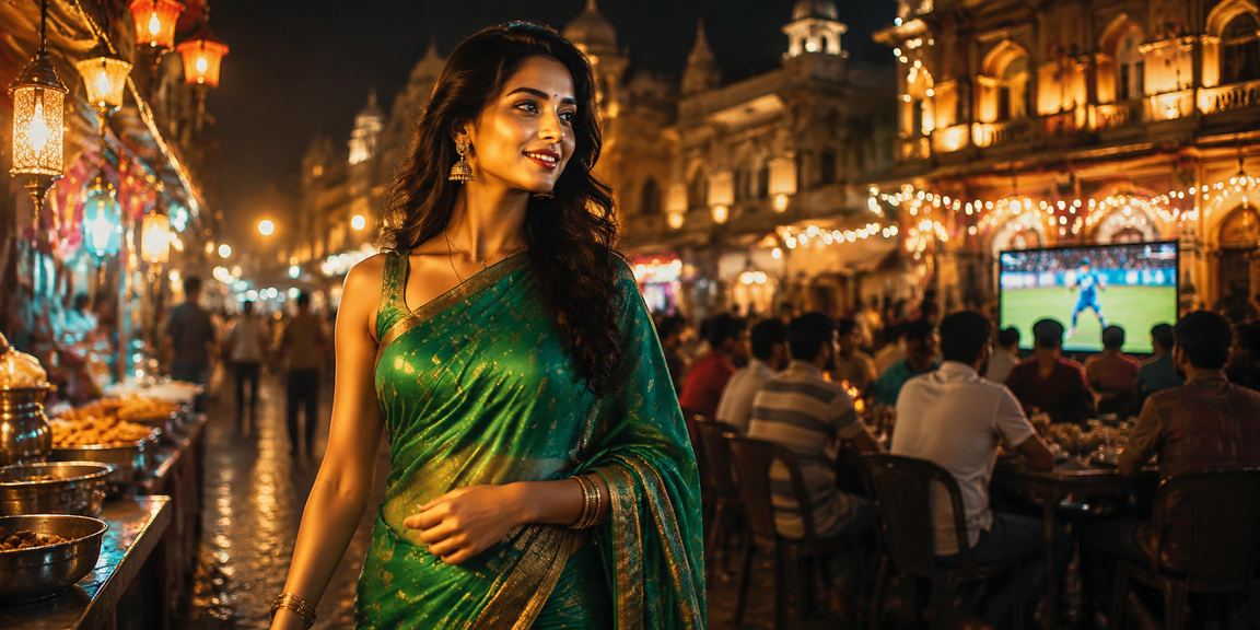 Indian woman enjoying cricket betting in traditional saree